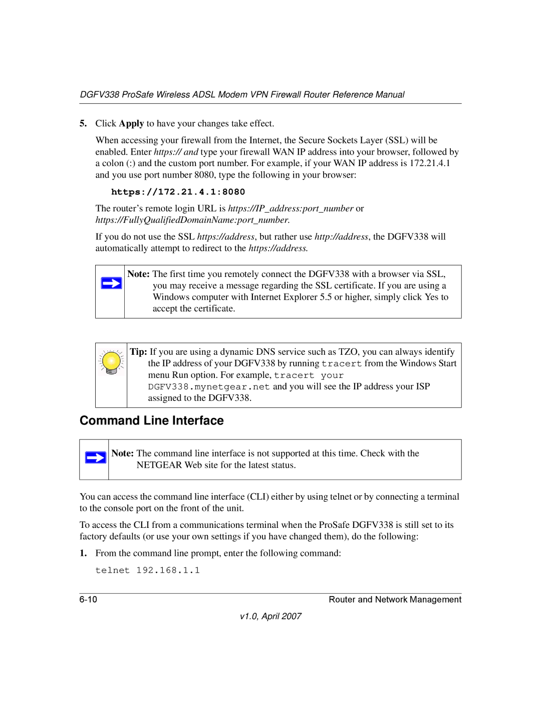 NETGEAR DGFV338 manual Command Line Interface, Https//172.21.4.18080 