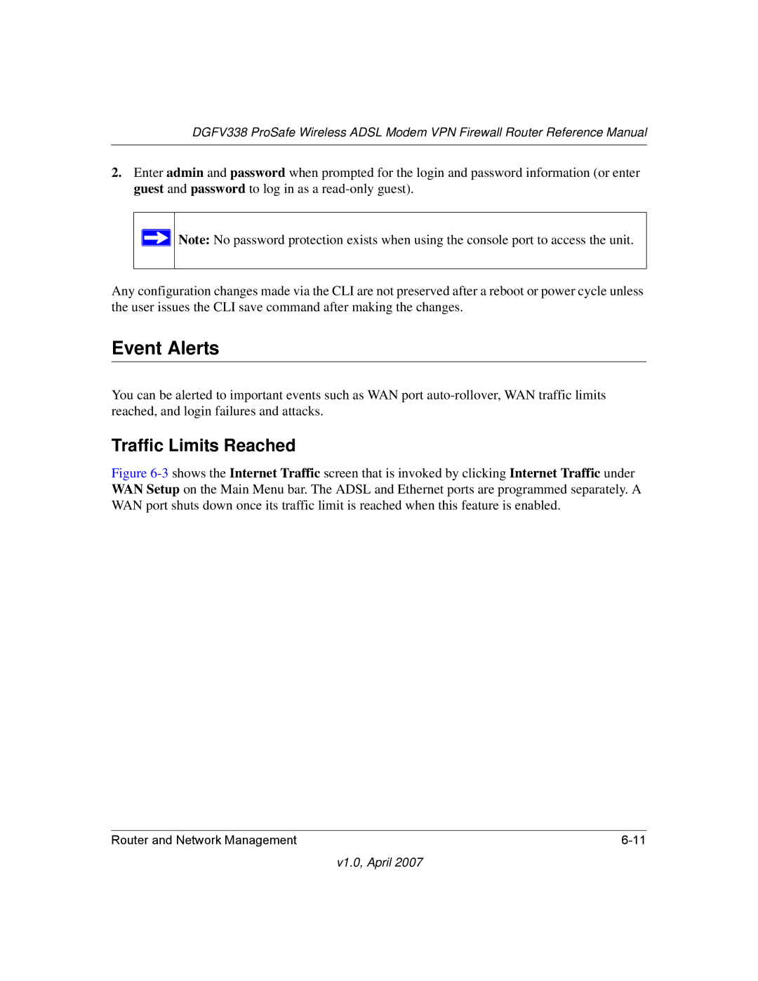 NETGEAR DGFV338 manual Event Alerts, Traffic Limits Reached 