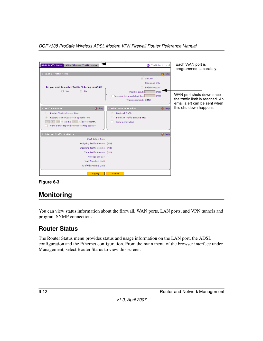 NETGEAR DGFV338 manual Monitoring, Router Status 