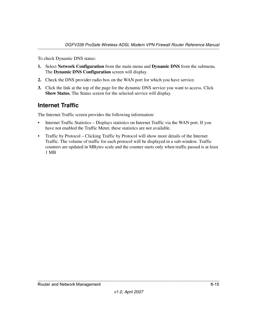 NETGEAR DGFV338 manual Internet Traffic 