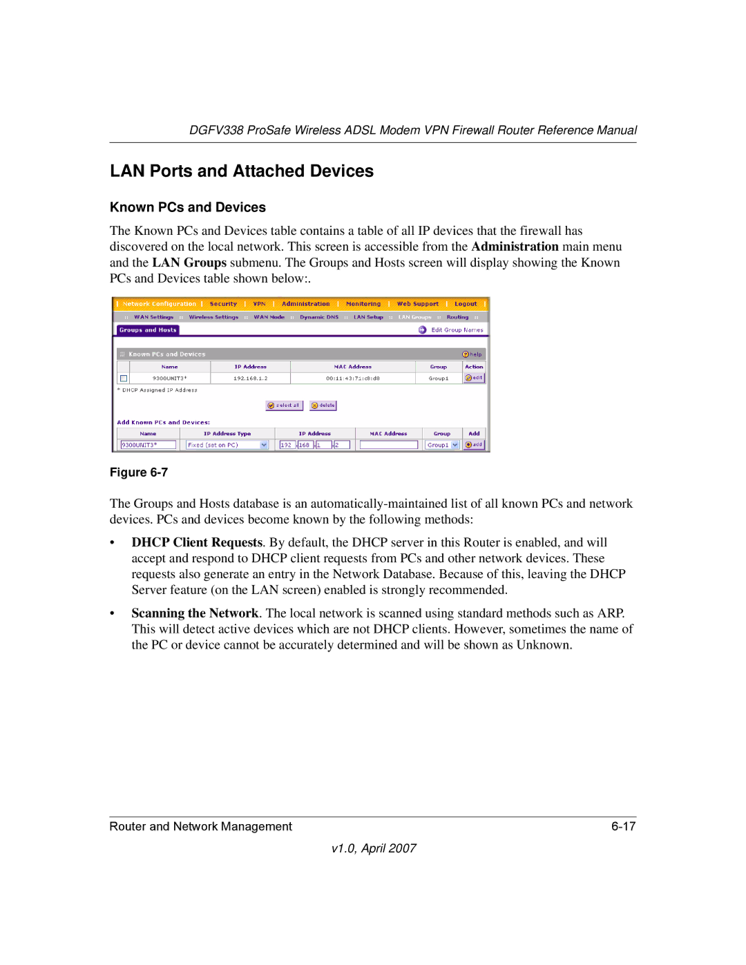 NETGEAR DGFV338 manual LAN Ports and Attached Devices, Known PCs and Devices 