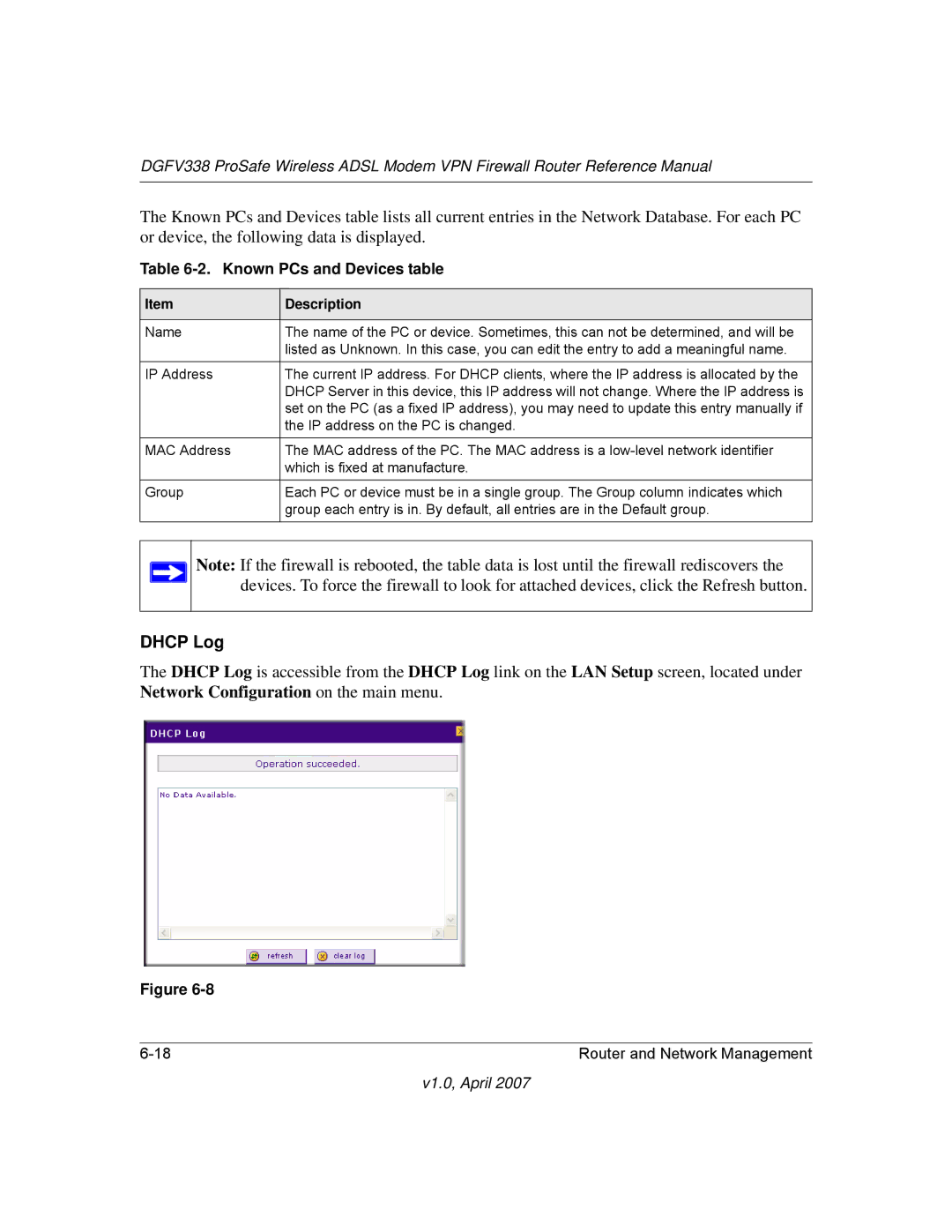 NETGEAR DGFV338 manual Dhcp Log, Known PCs and Devices table 