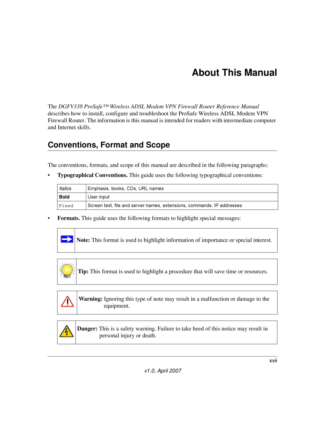 NETGEAR DGFV338 manual About This Manual, Conventions, Format and Scope 