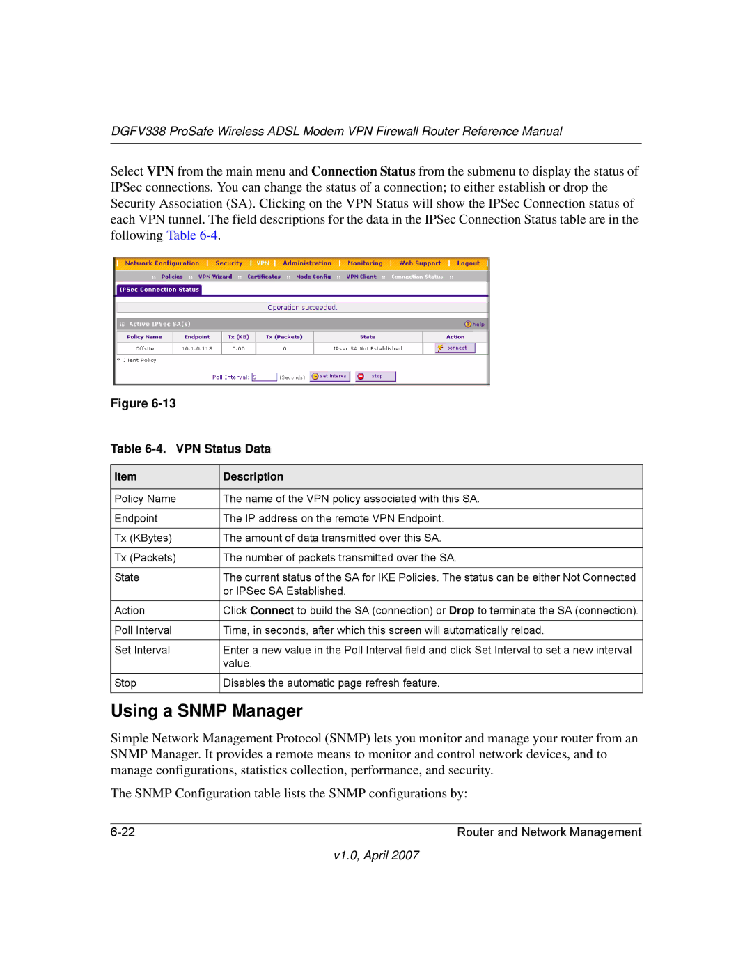 NETGEAR DGFV338 manual Using a Snmp Manager, VPN Status Data 