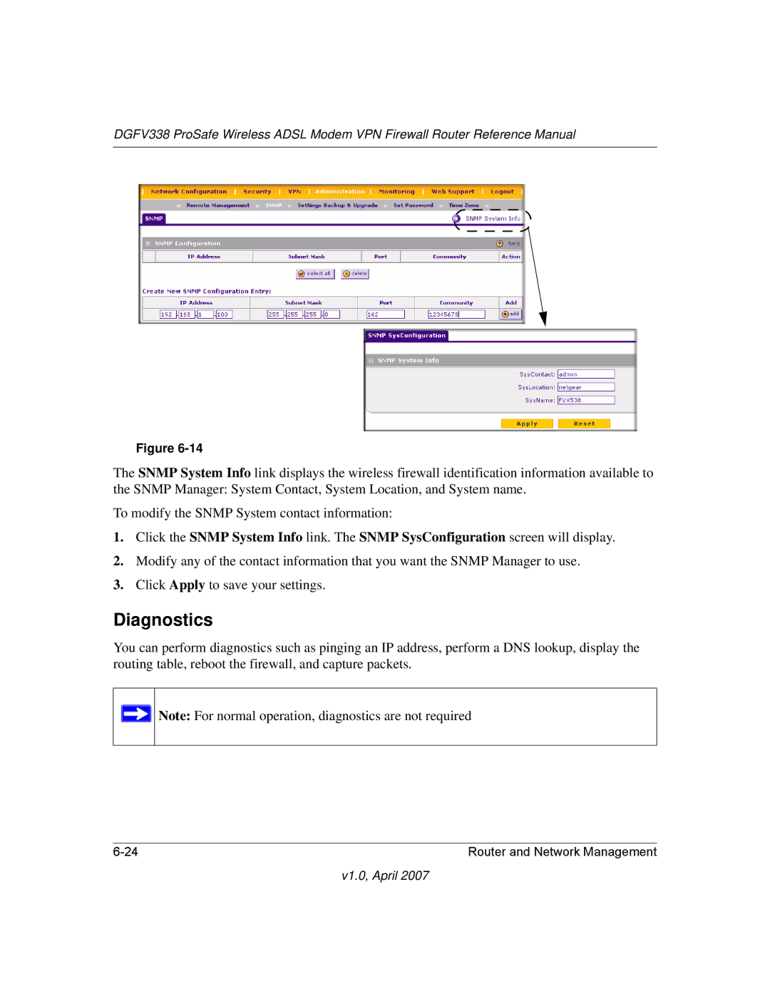 NETGEAR DGFV338 manual Diagnostics 