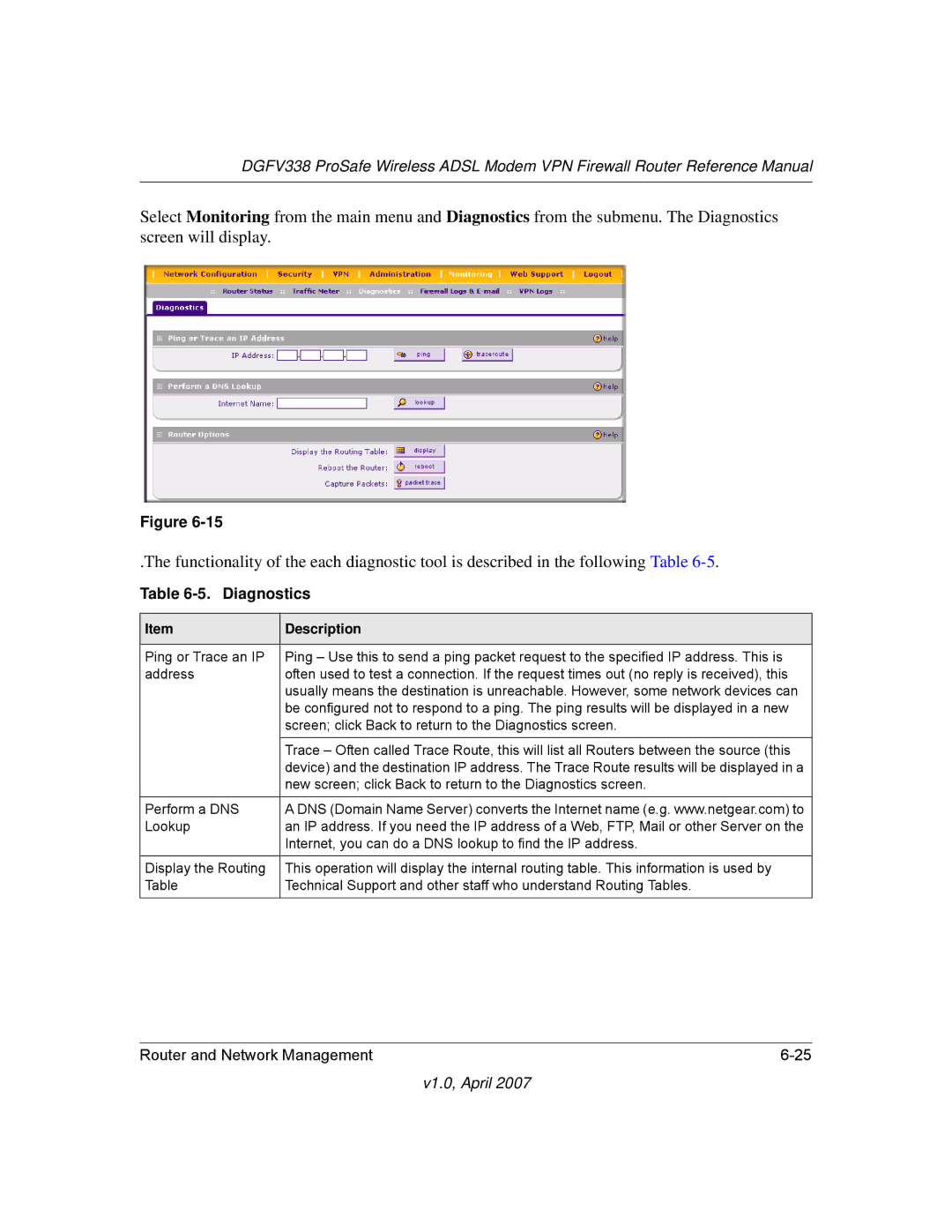 NETGEAR DGFV338 manual Diagnostics 