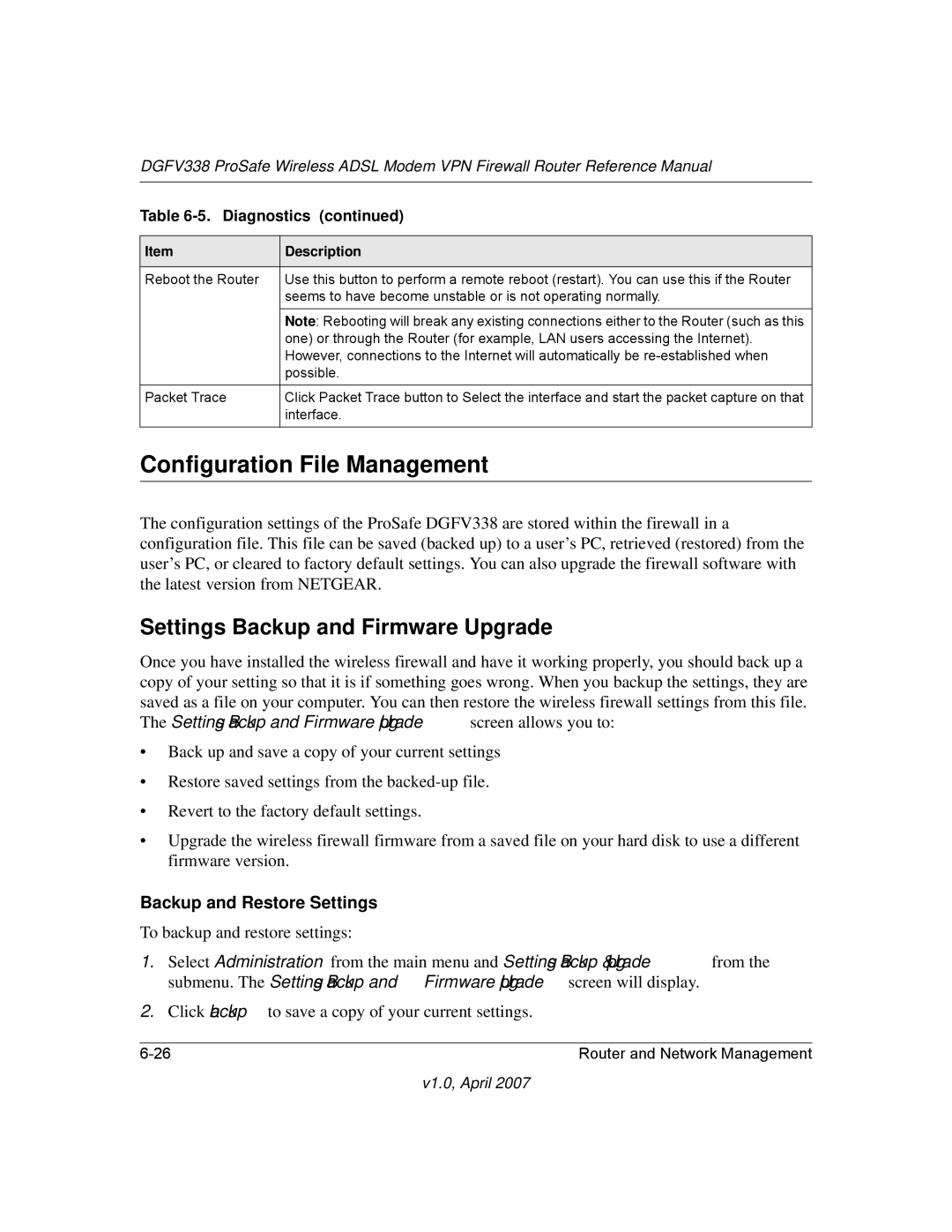 NETGEAR DGFV338 manual Configuration File Management, Settings Backup and Firmware Upgrade, Backup and Restore Settings 