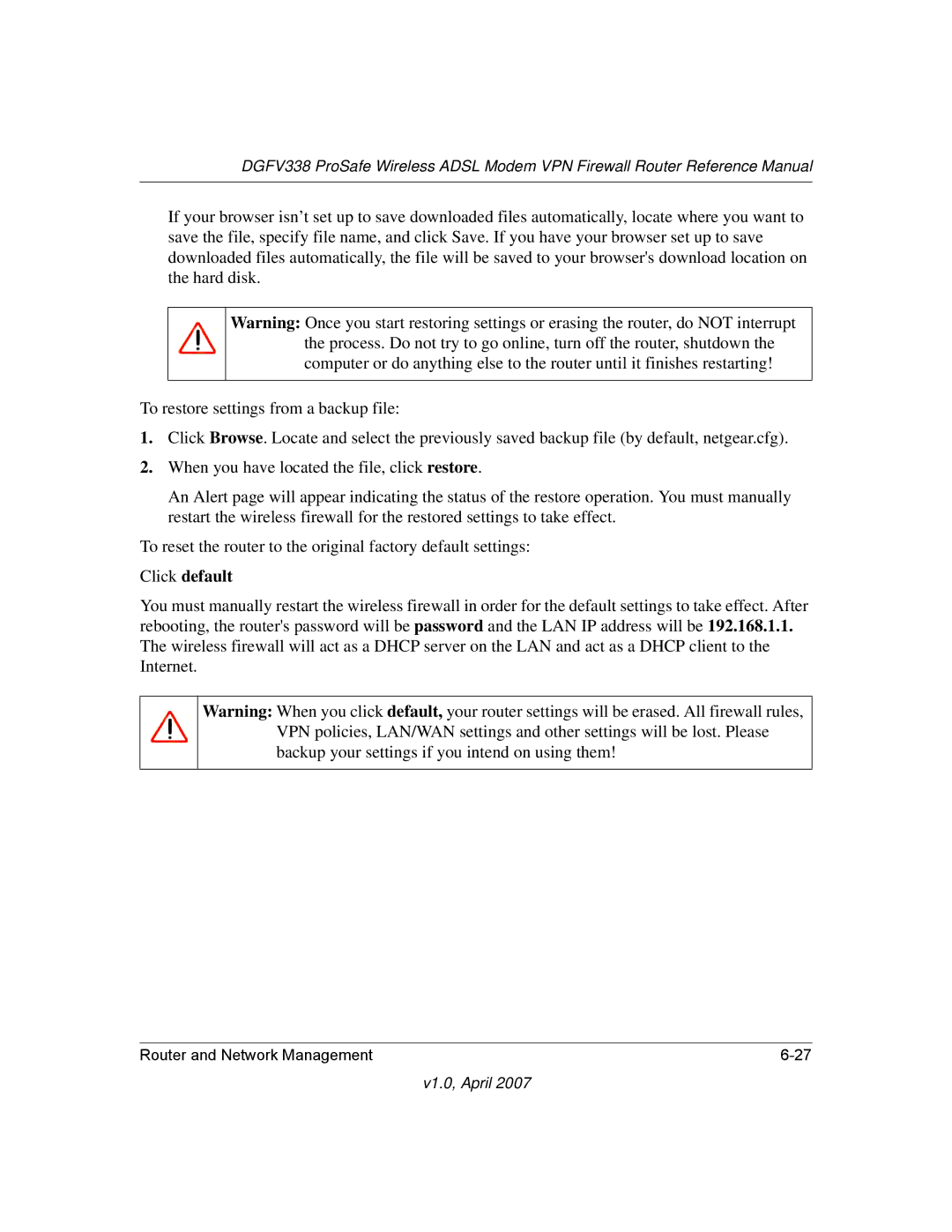 NETGEAR DGFV338 manual Click default 