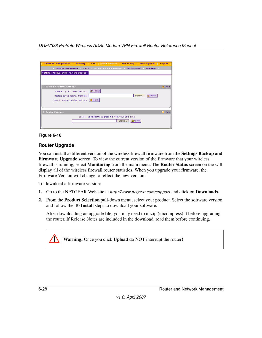 NETGEAR DGFV338 manual Router Upgrade 