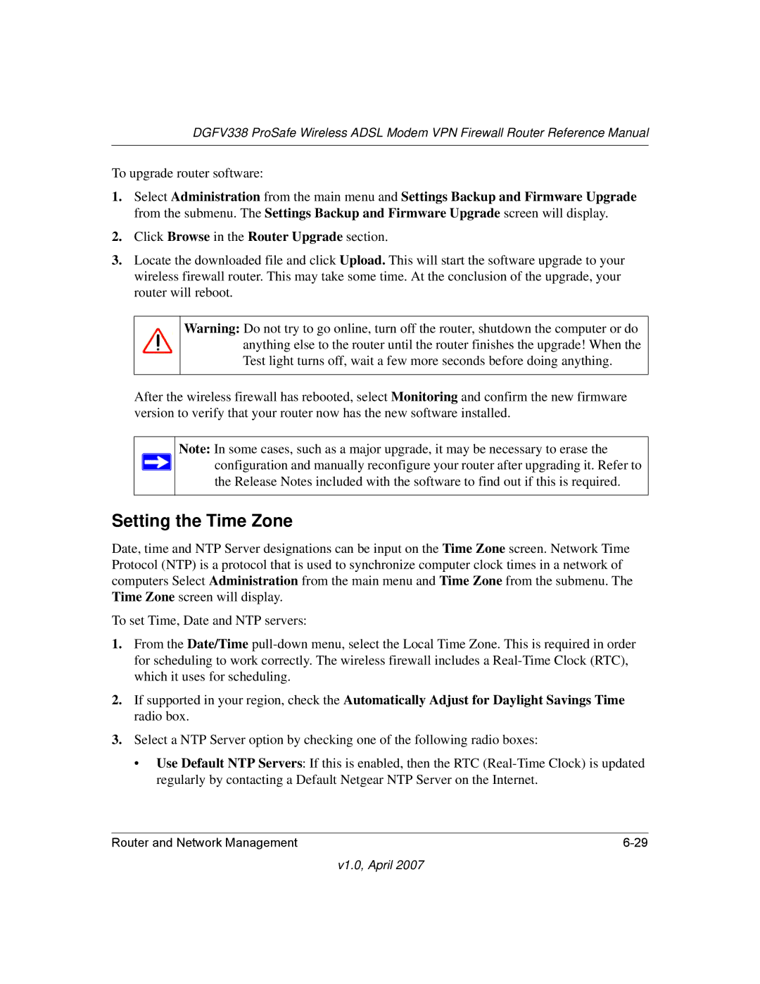 NETGEAR DGFV338 manual Setting the Time Zone, To upgrade router software 