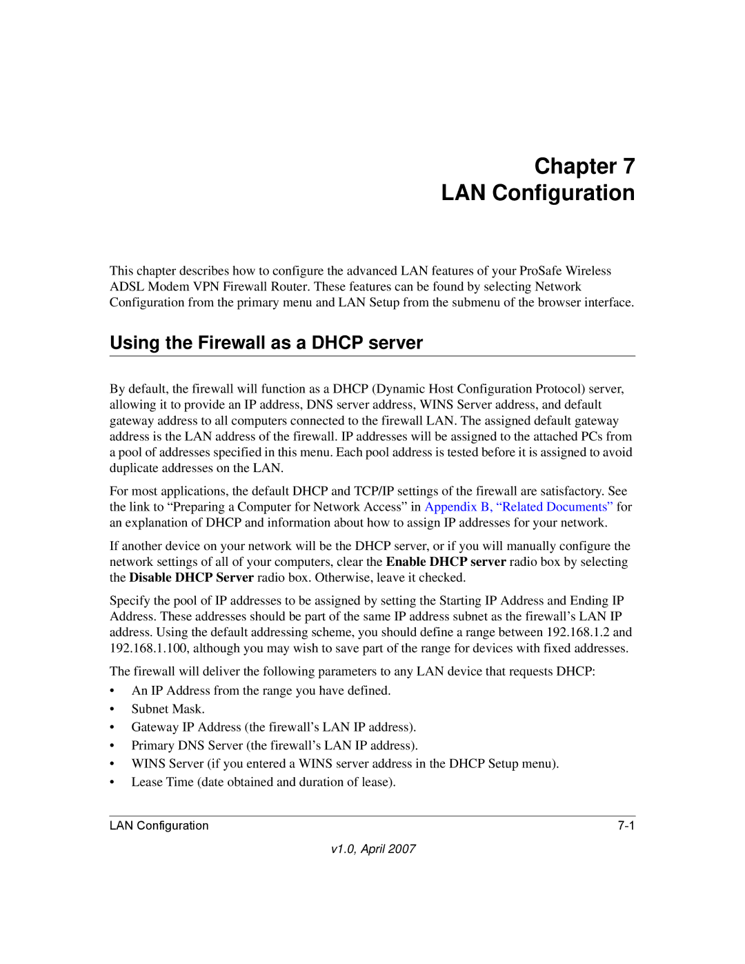 NETGEAR DGFV338 manual Chapter LAN Configuration, Using the Firewall as a Dhcp server 