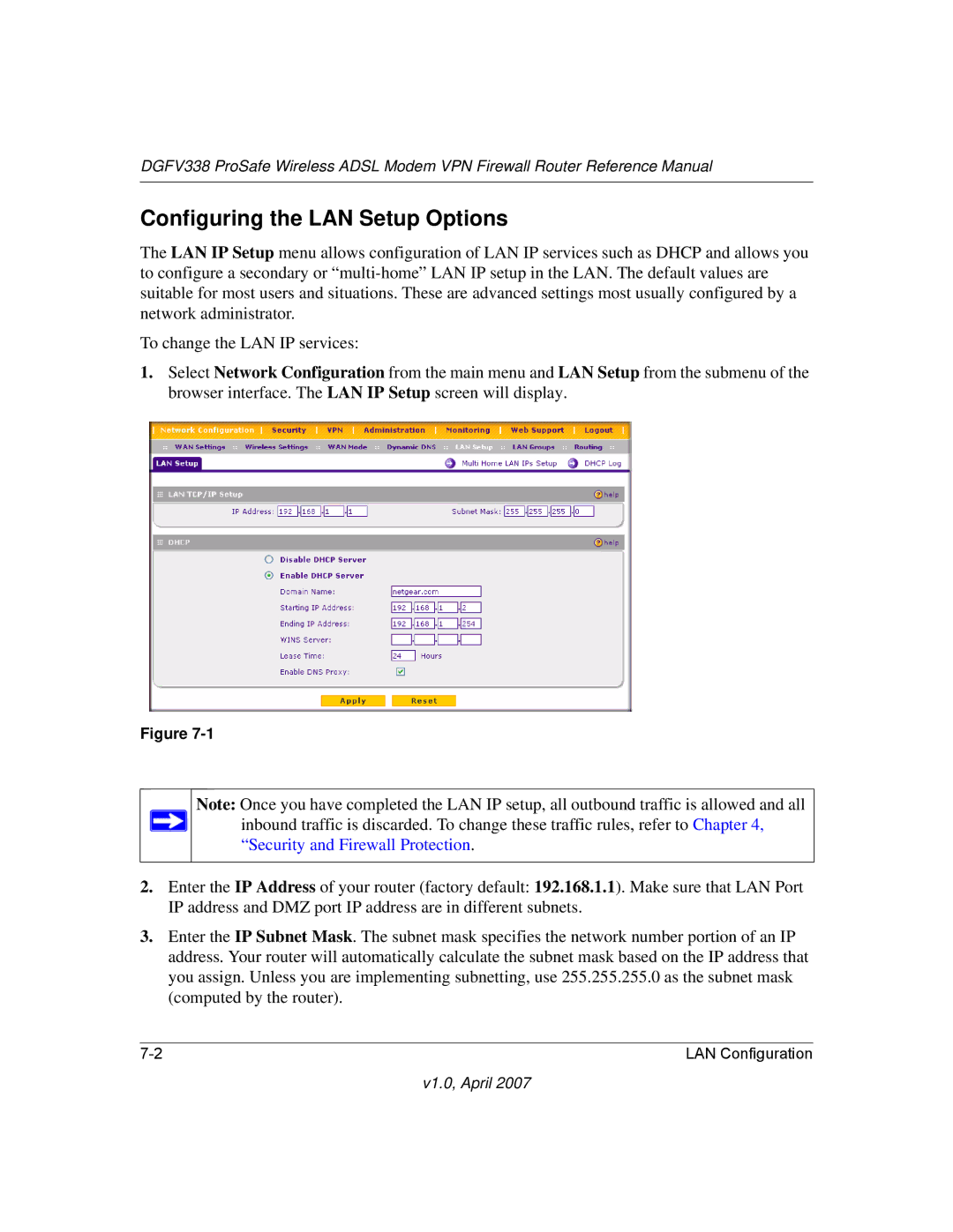 NETGEAR DGFV338 manual Configuring the LAN Setup Options, Security and Firewall Protection 