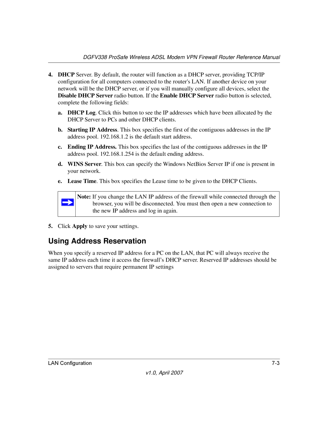 NETGEAR DGFV338 manual Using Address Reservation 