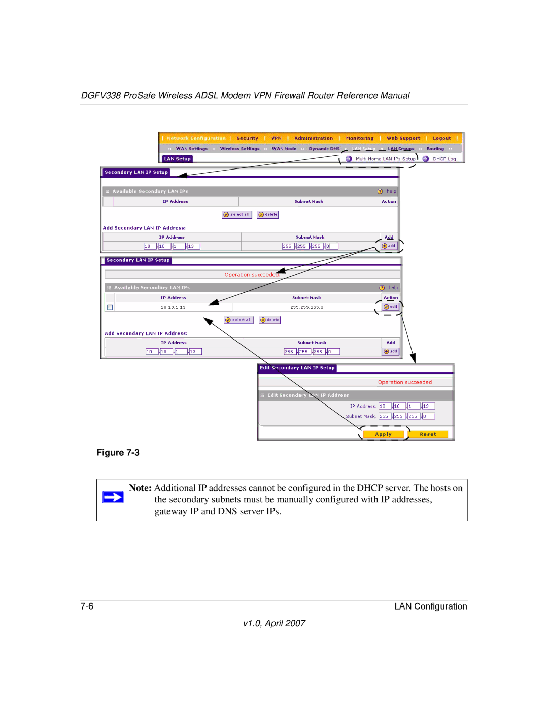 NETGEAR DGFV338 manual Gateway IP and DNS server IPs 