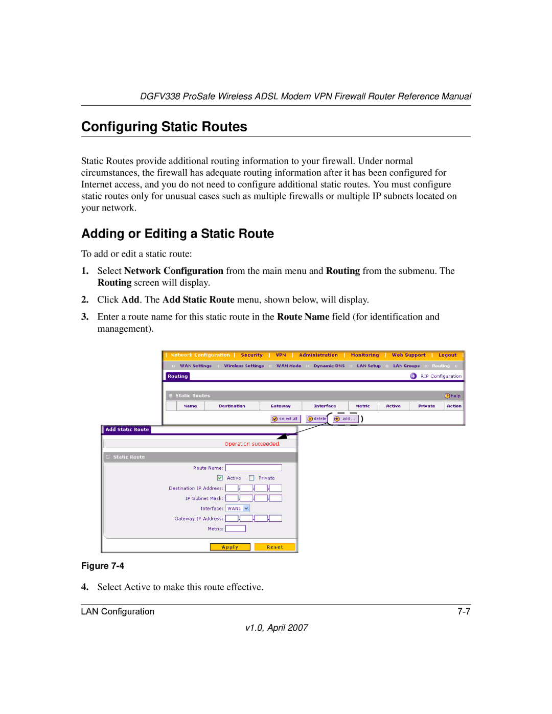 NETGEAR DGFV338 manual Configuring Static Routes, Adding or Editing a Static Route 