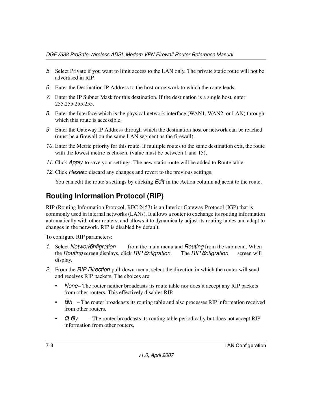 NETGEAR DGFV338 manual Routing Information Protocol RIP 