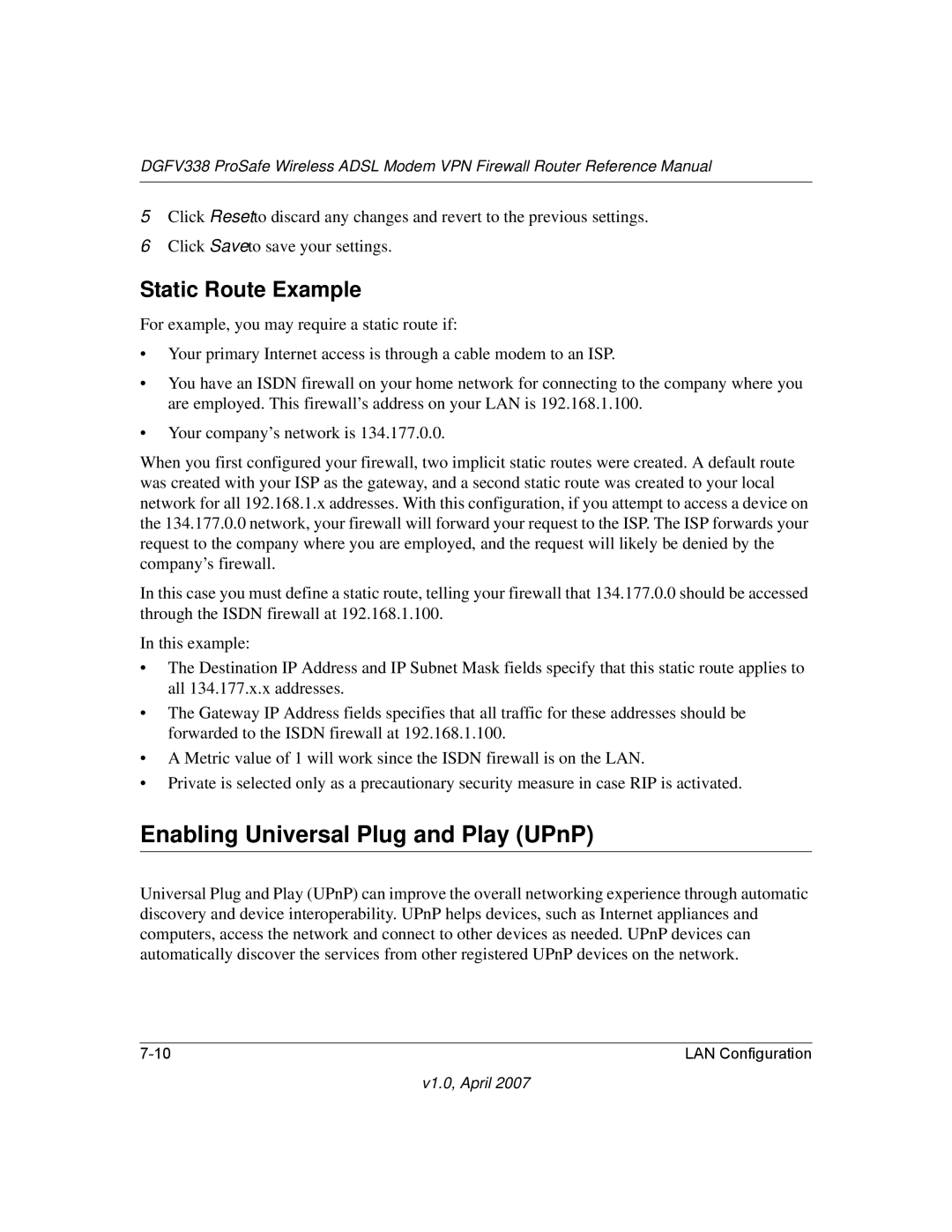 NETGEAR DGFV338 manual Enabling Universal Plug and Play UPnP, Static Route Example 