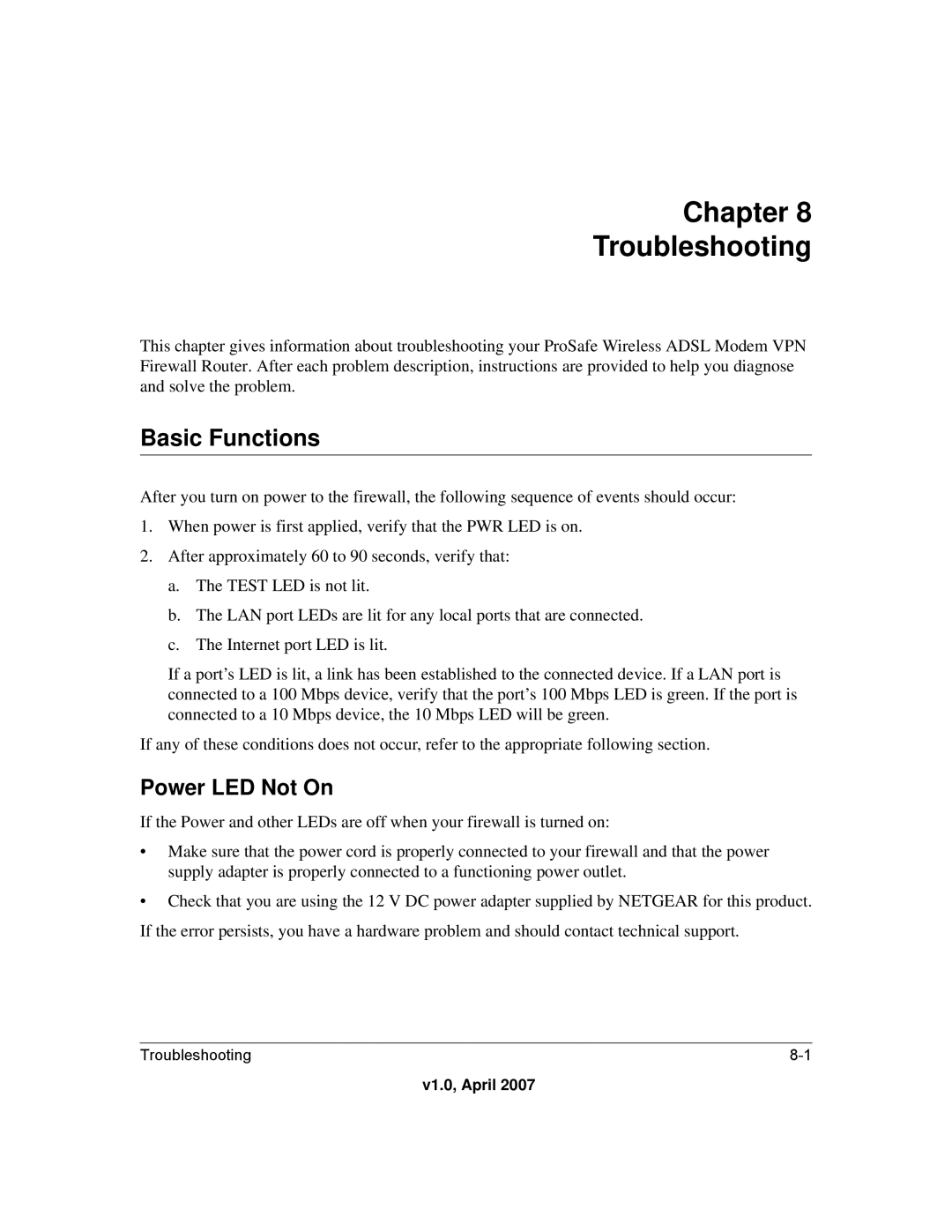 NETGEAR DGFV338 manual Basic Functions, Power LED Not On 