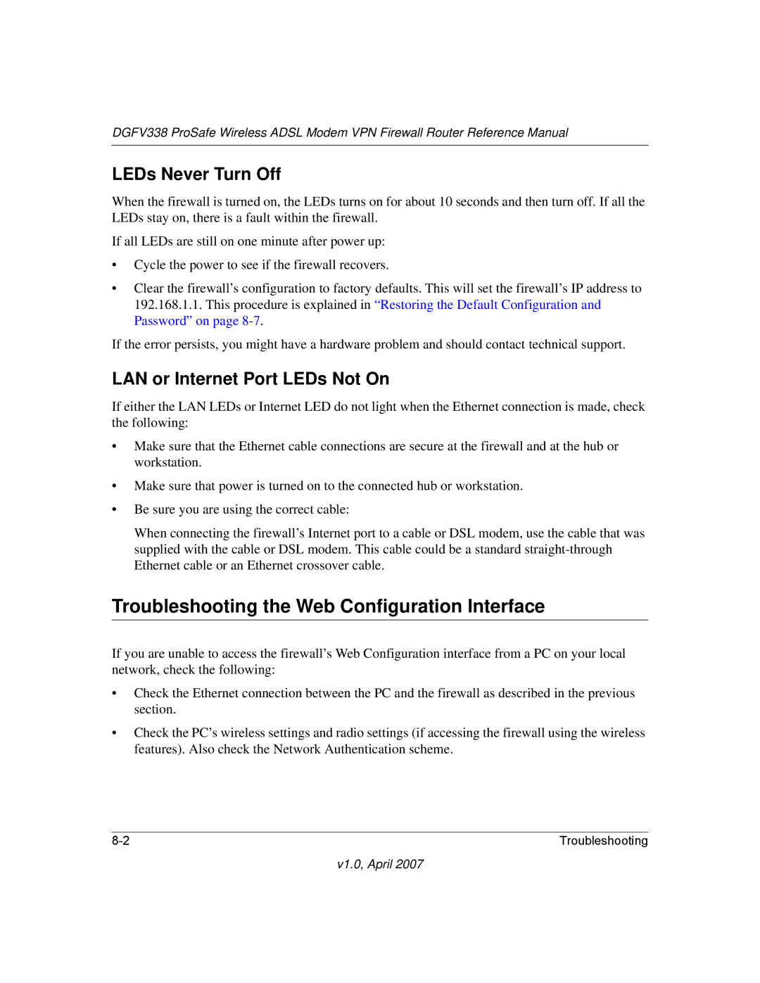 NETGEAR DGFV338 Troubleshooting the Web Configuration Interface, LEDs Never Turn Off, LAN or Internet Port LEDs Not On 