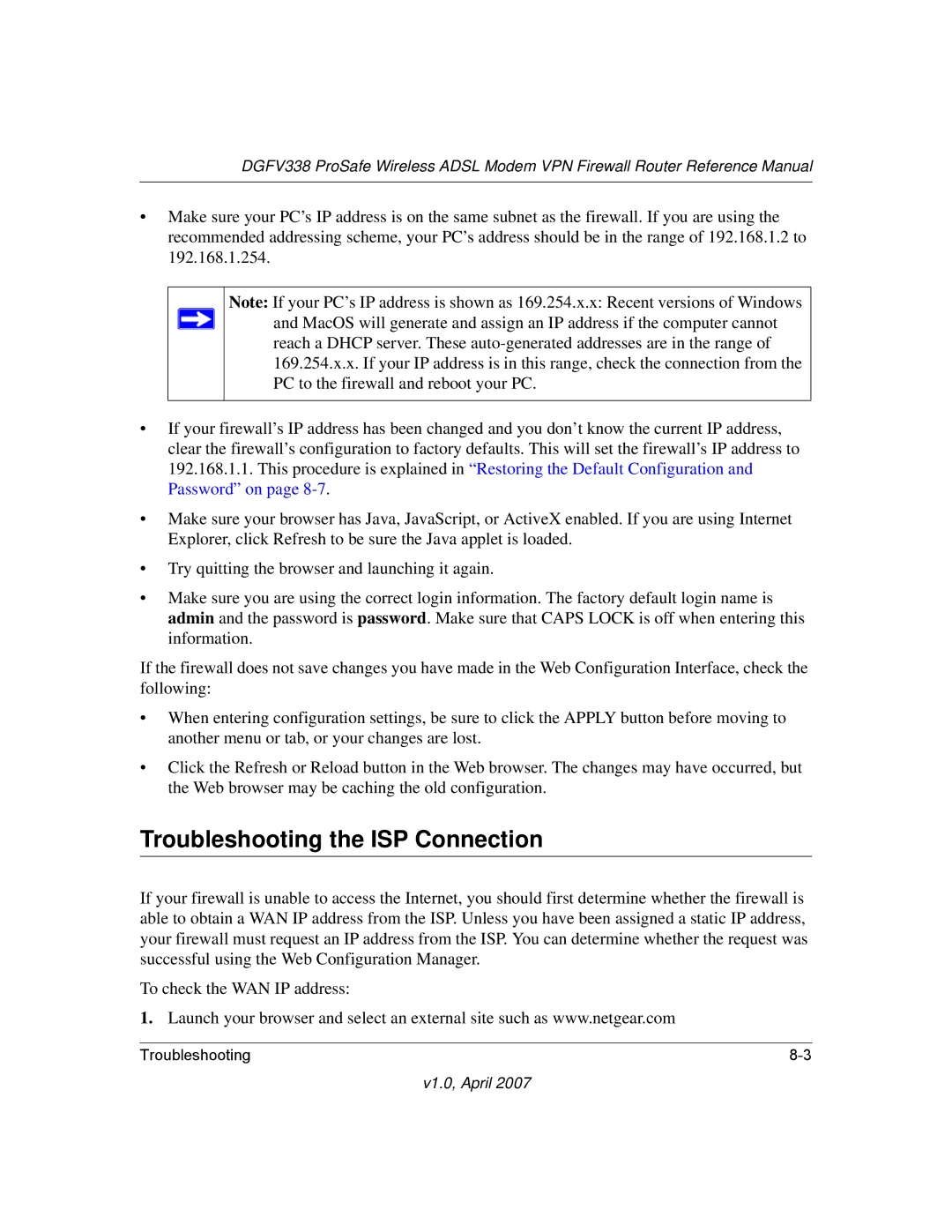 NETGEAR DGFV338 manual Troubleshooting the ISP Connection 