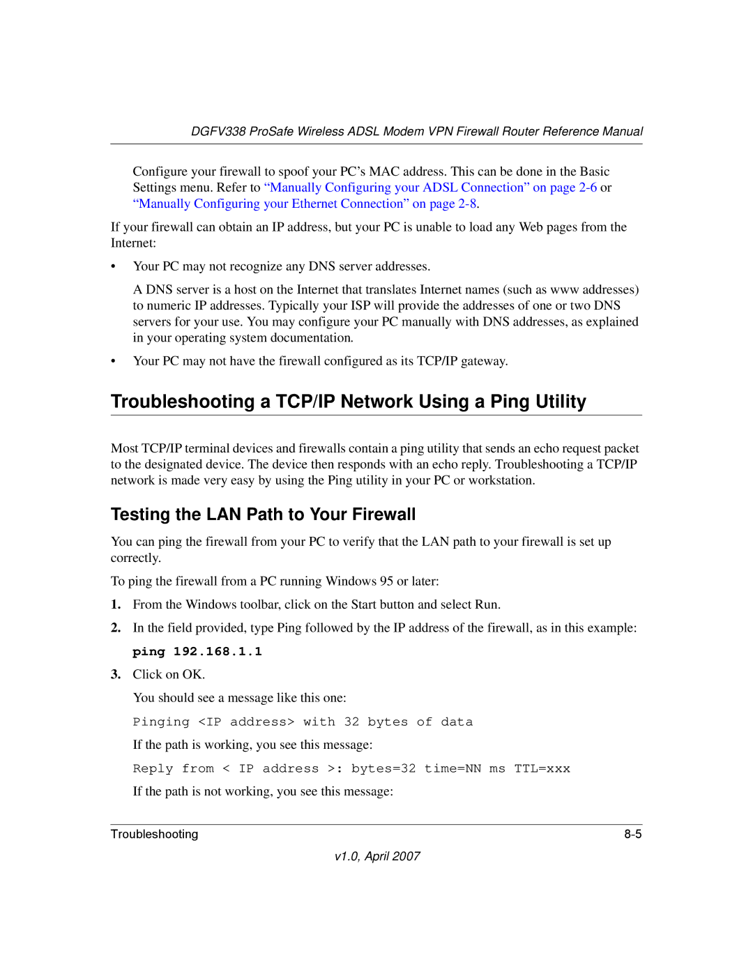 NETGEAR DGFV338 manual Troubleshooting a TCP/IP Network Using a Ping Utility, Testing the LAN Path to Your Firewall 