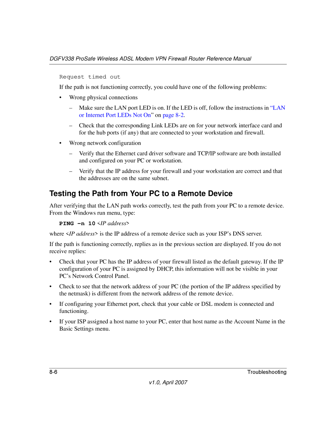 NETGEAR DGFV338 manual Testing the Path from Your PC to a Remote Device, Ping -n 10 IP address 