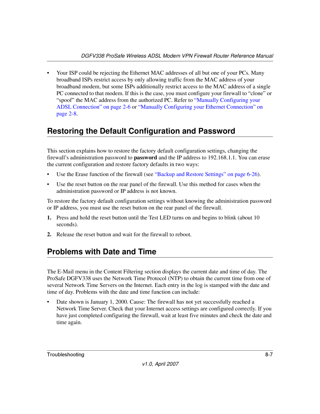 NETGEAR DGFV338 manual Restoring the Default Configuration and Password, Problems with Date and Time 