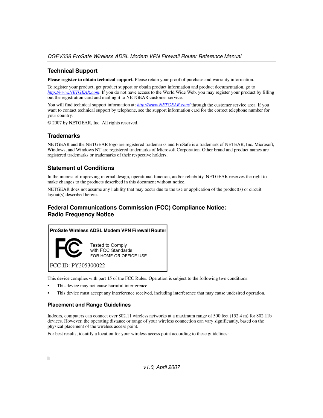 NETGEAR DGFV338 manual Technical Support, Trademarks, Statement of Conditions, Placement and Range Guidelines 