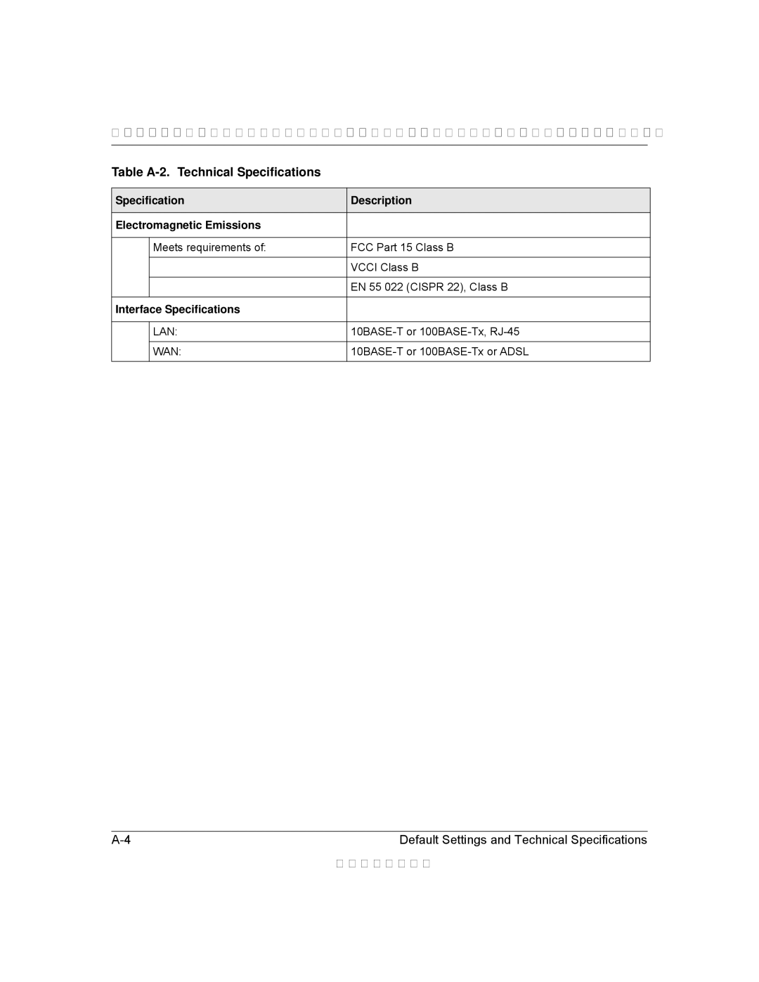 NETGEAR DGFV338 manual Specification Description Electromagnetic Emissions 