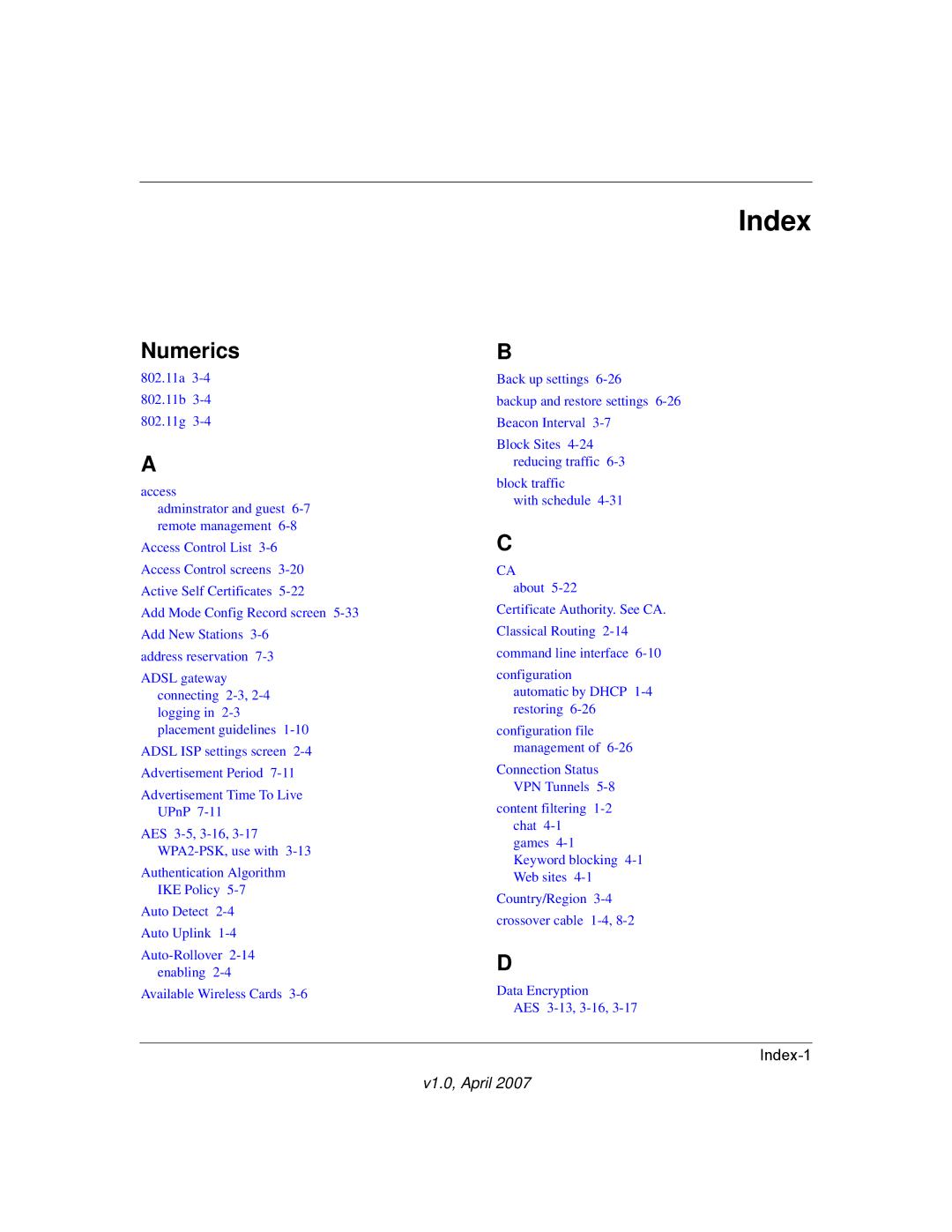 NETGEAR DGFV338 manual Index, Numerics 