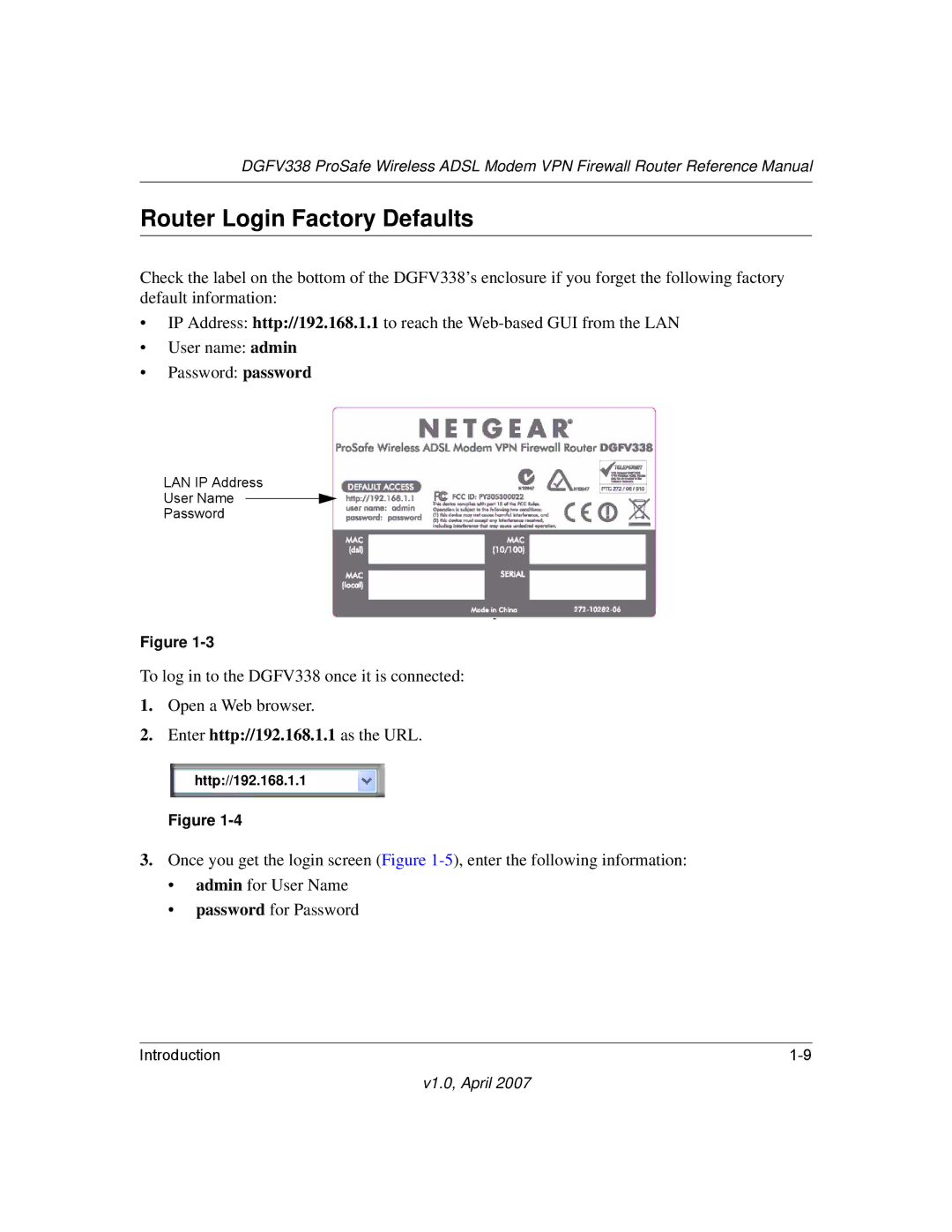 NETGEAR DGFV338 manual Router Login Factory Defaults, Enter http//192.168.1.1 as the URL 