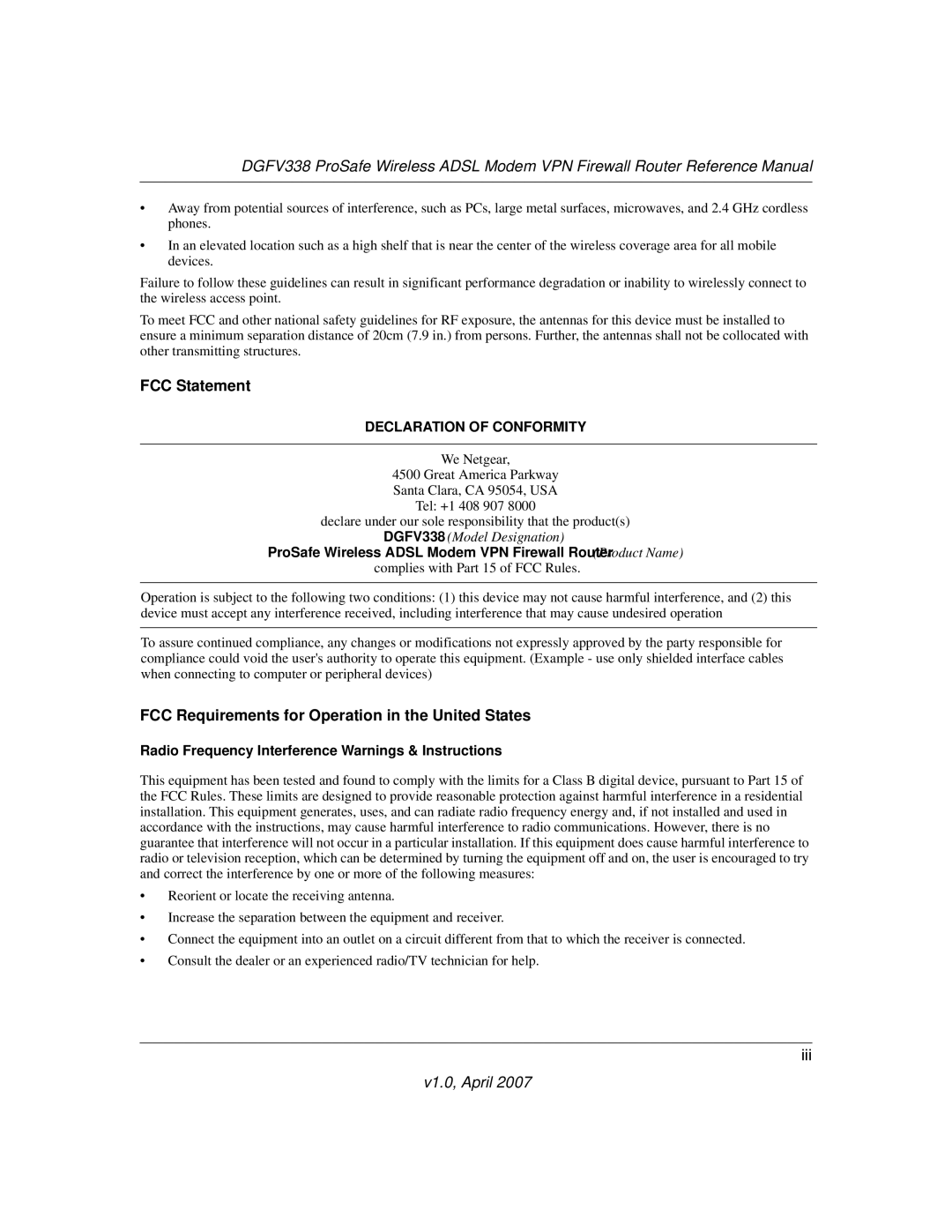 NETGEAR DGFV338 manual FCC Statement, FCC Requirements for Operation in the United States 