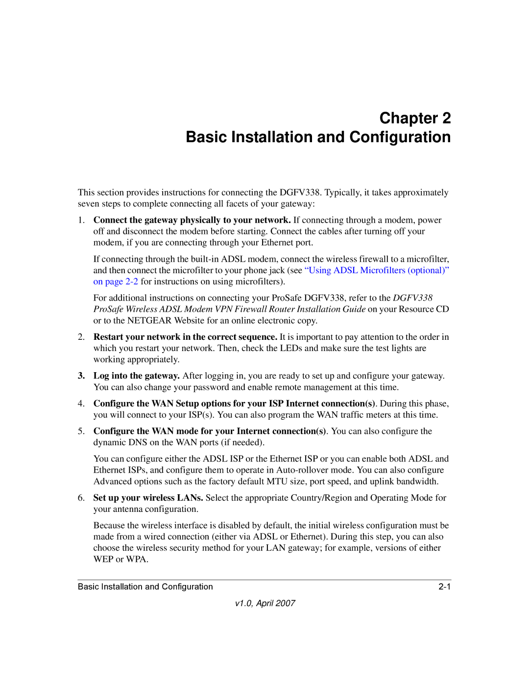 NETGEAR DGFV338 manual Chapter Basic Installation and Configuration 