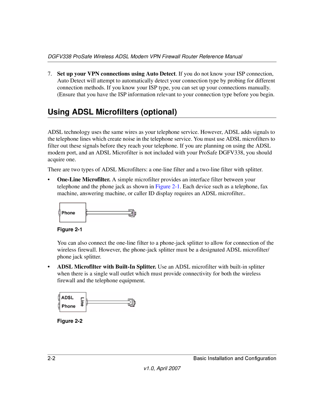 NETGEAR DGFV338 manual Using Adsl Microfilters optional 