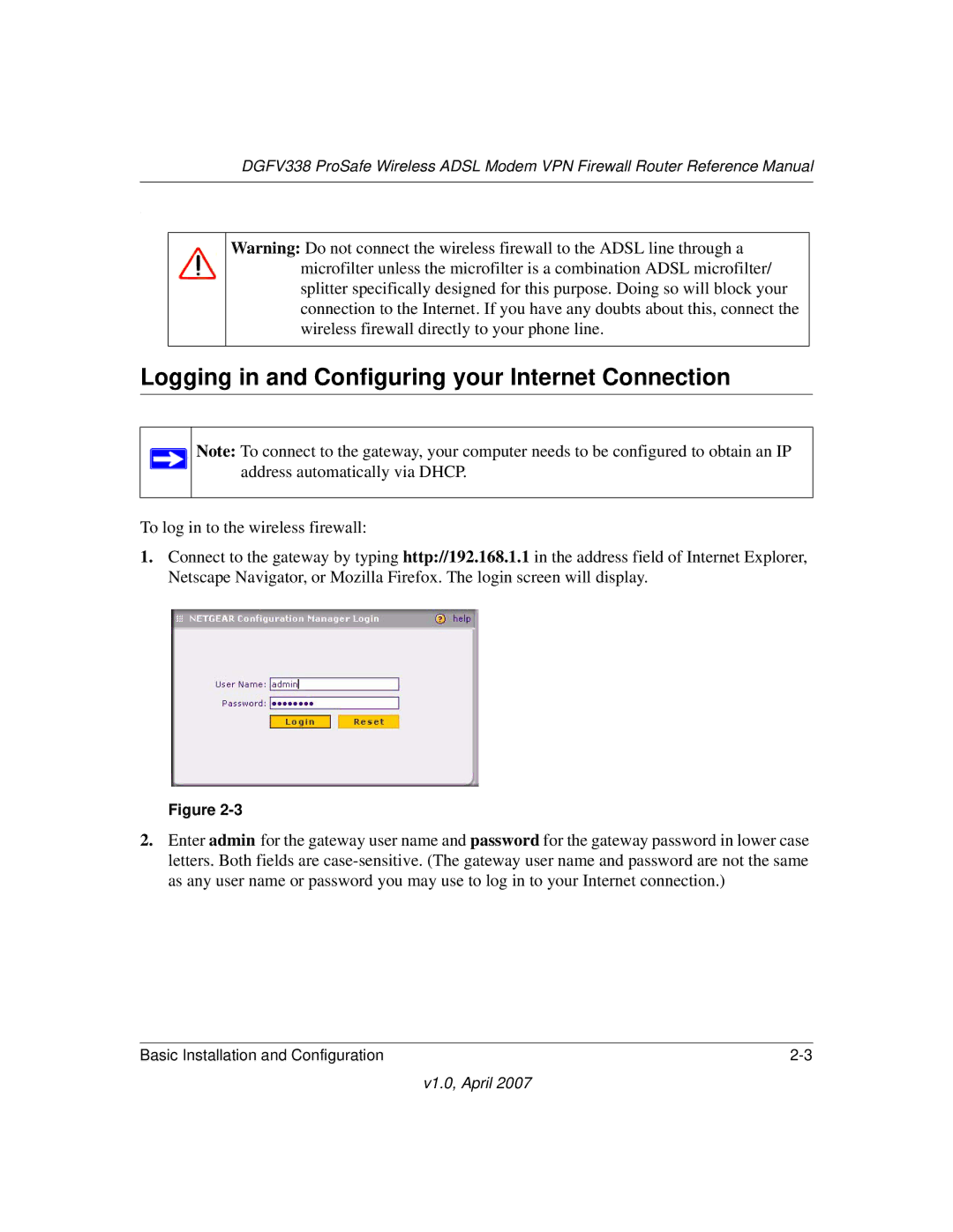 NETGEAR DGFV338 manual Logging in and Configuring your Internet Connection 