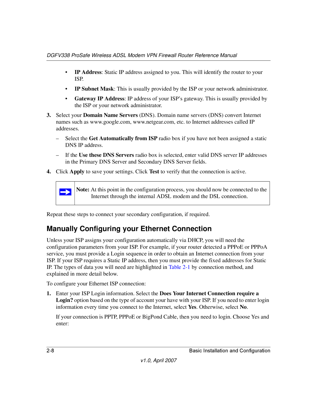 NETGEAR DGFV338 manual Manually Configuring your Ethernet Connection 