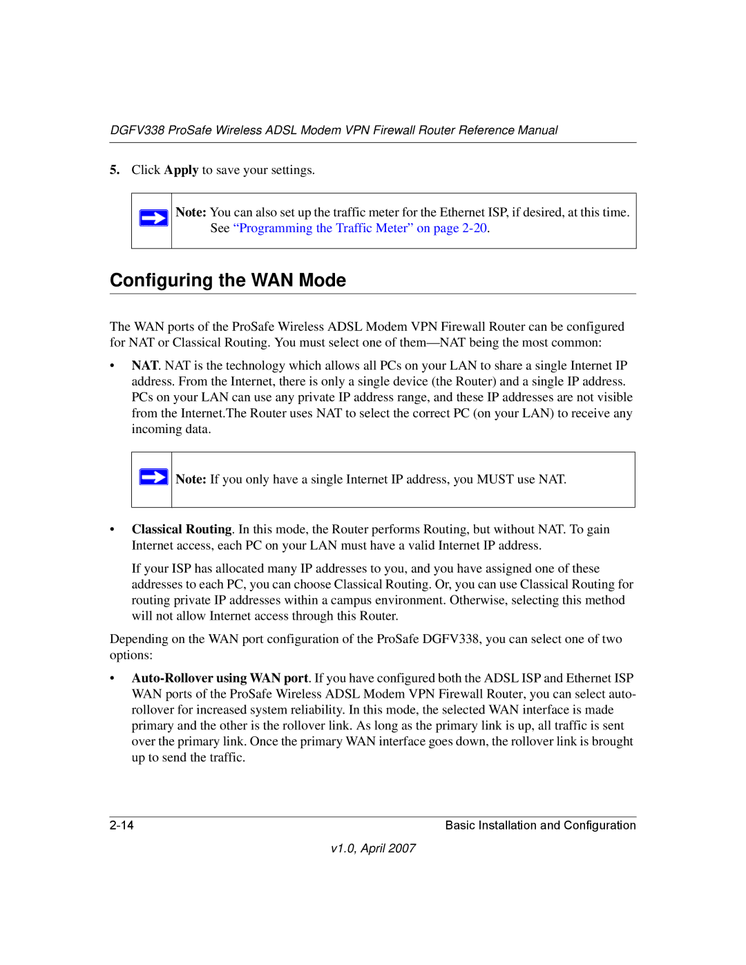 NETGEAR DGFV338 manual Configuring the WAN Mode 