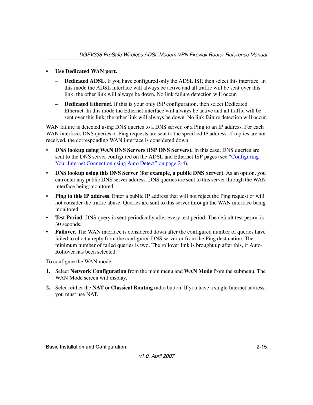 NETGEAR DGFV338 manual Use Dedicated WAN port 