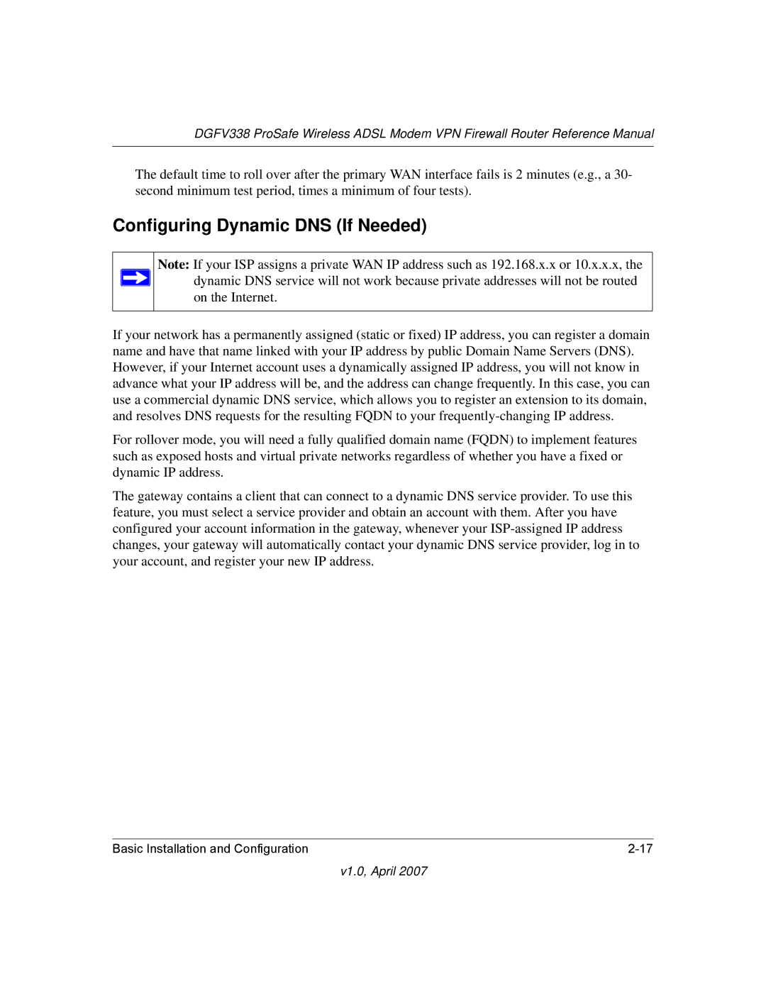 NETGEAR DGFV338 manual Configuring Dynamic DNS If Needed, On the Internet 