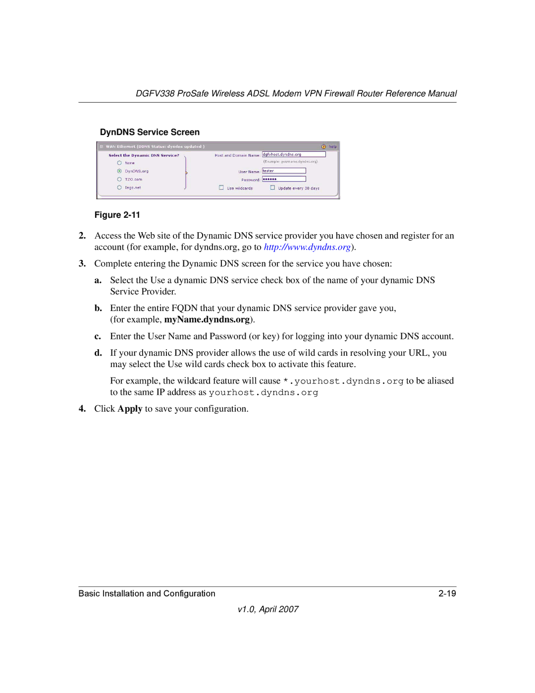 NETGEAR DGFV338 manual DynDNS Service Screen 