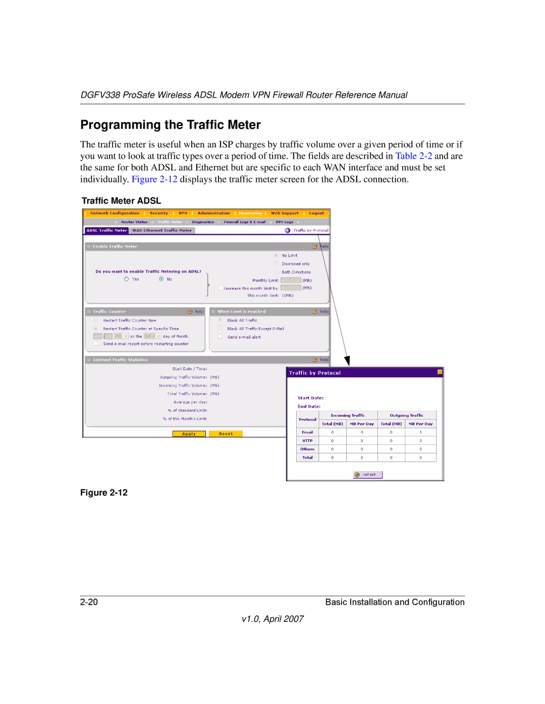 NETGEAR DGFV338 manual Programming the Traffic Meter, Traffic Meter Adsl 