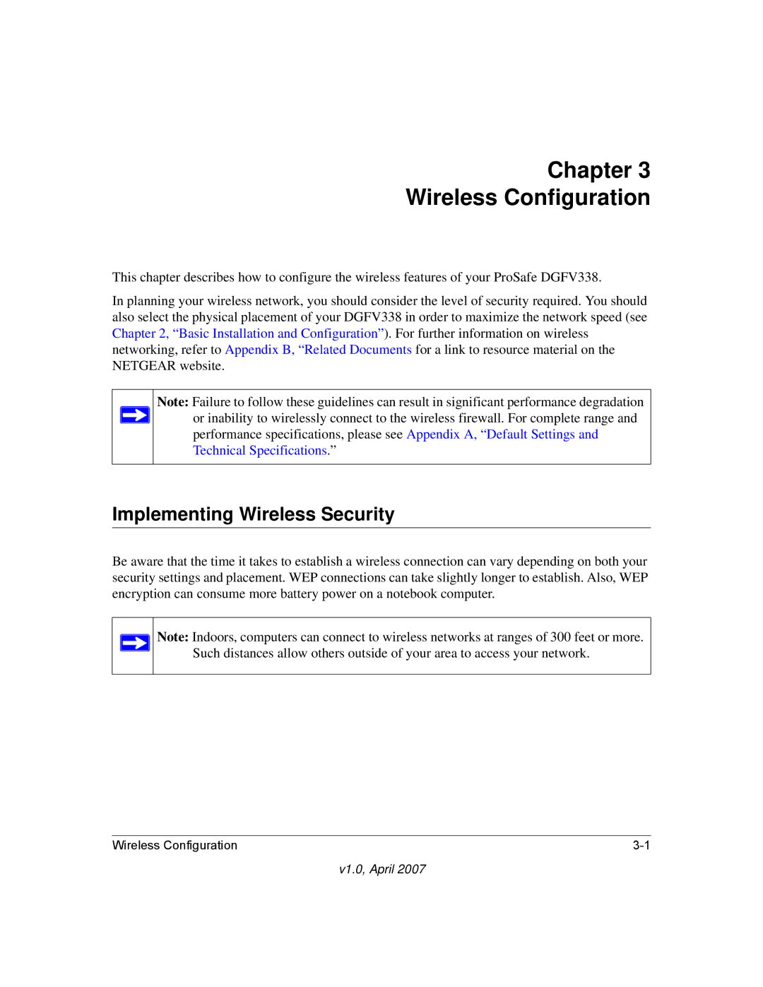 NETGEAR DGFV338 manual Chapter Wireless Configuration, Implementing Wireless Security 