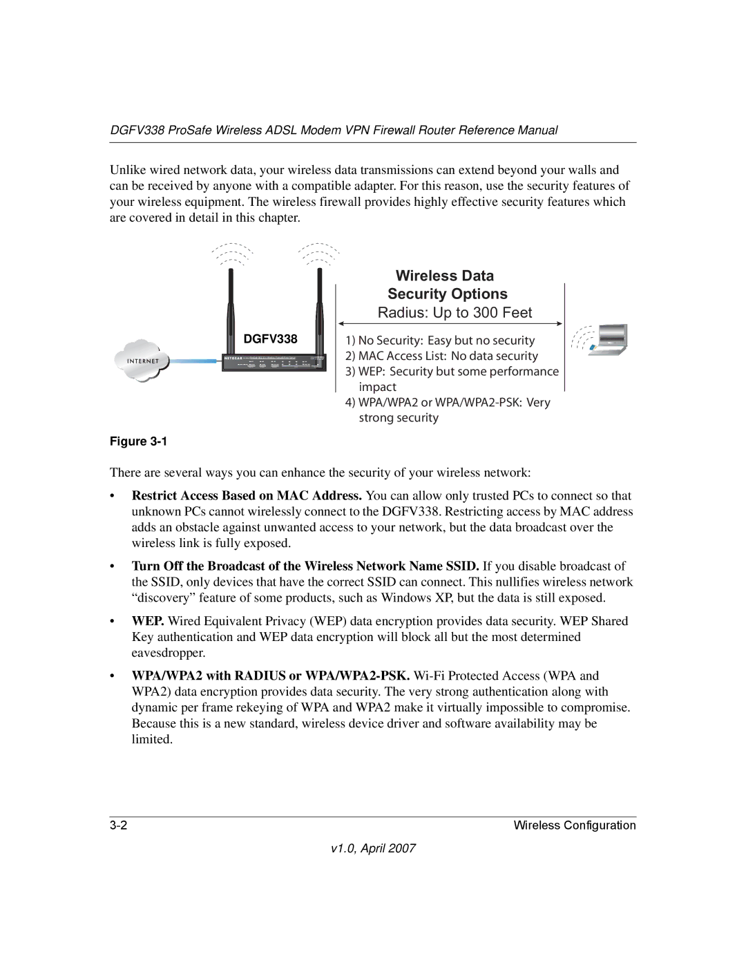 NETGEAR DGFV338 manual LUHOHVVDWD 6HFXULW\2SWLRQV 