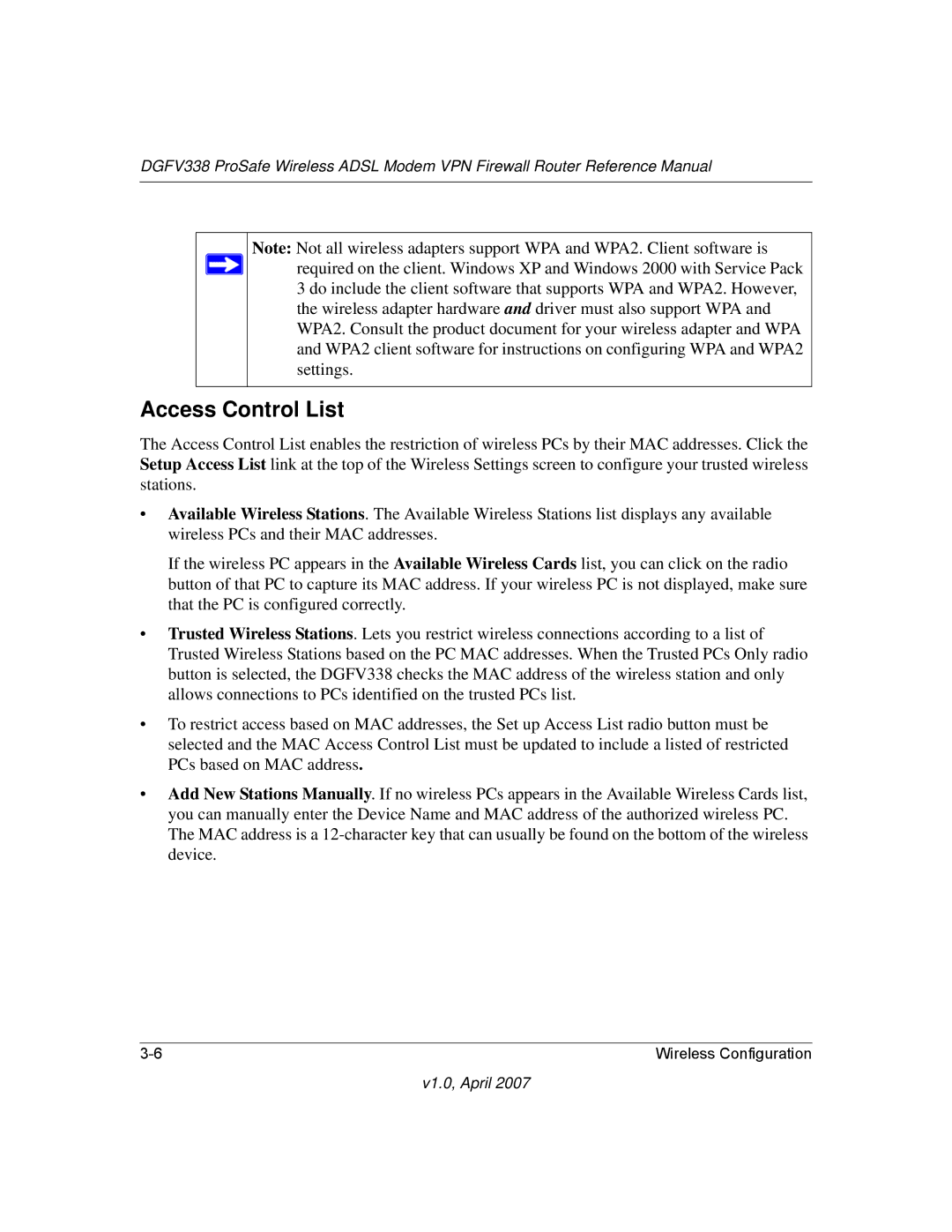 NETGEAR DGFV338 manual Access Control List 