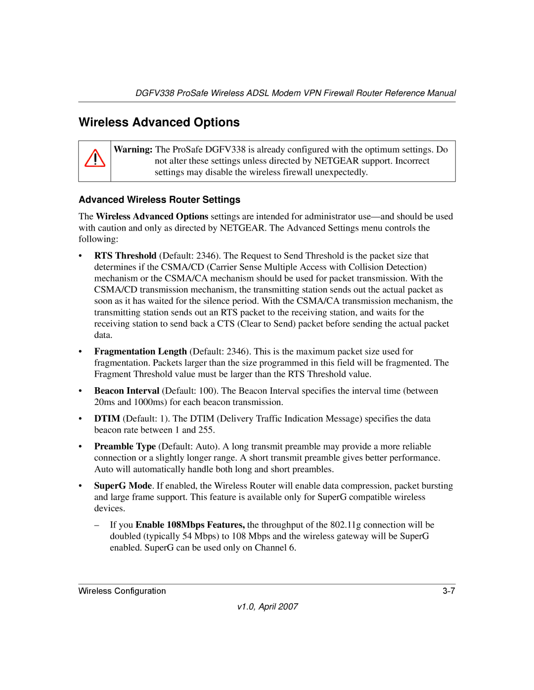 NETGEAR DGFV338 manual Wireless Advanced Options, Advanced Wireless Router Settings 