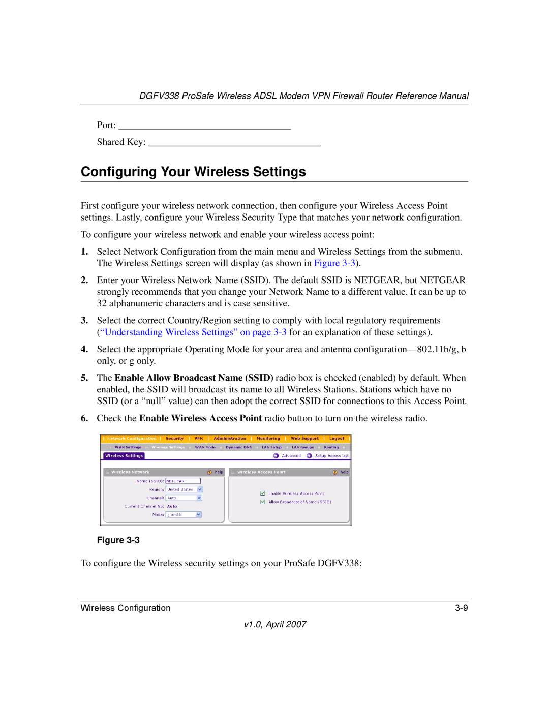 NETGEAR DGFV338 manual Configuring Your Wireless Settings 