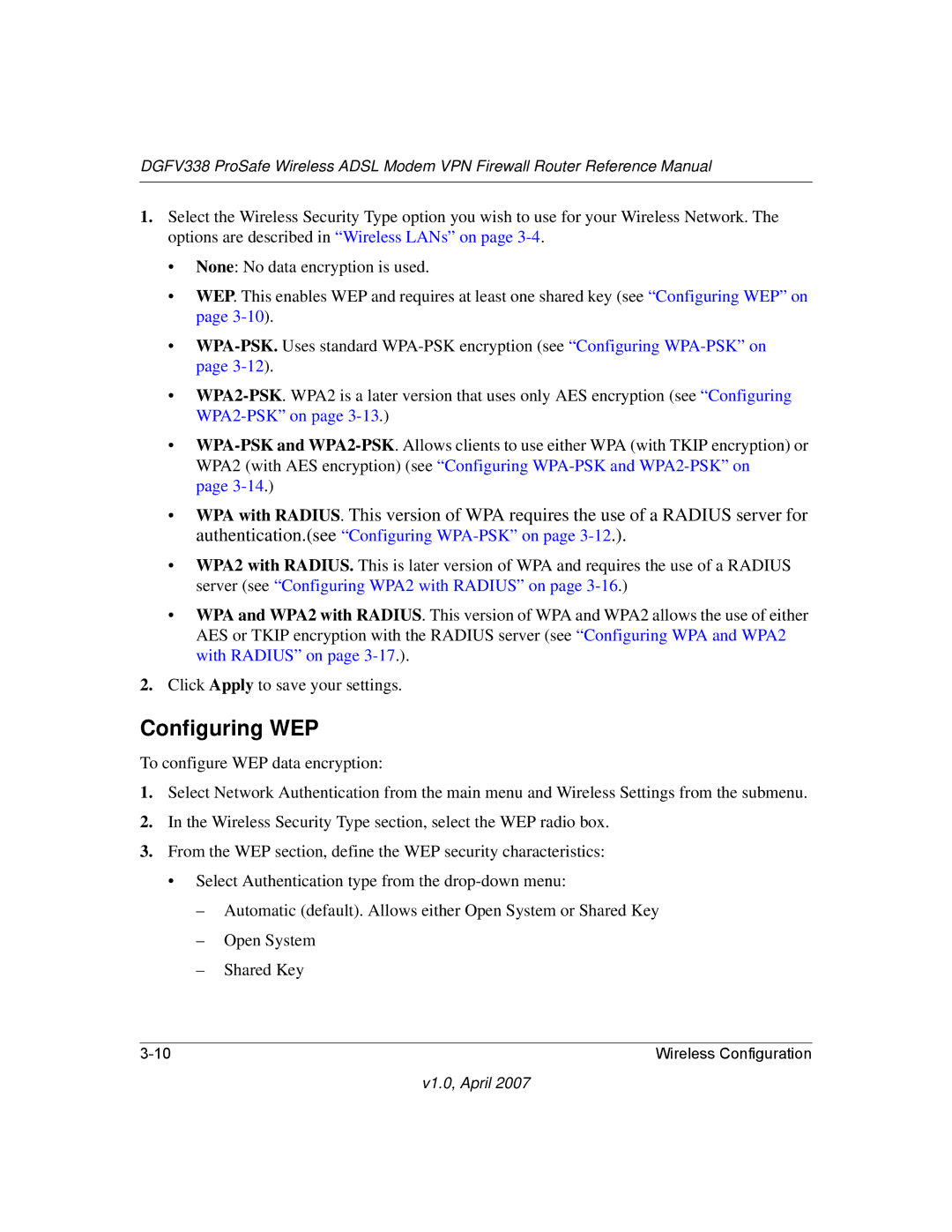 NETGEAR DGFV338 manual Configuring WEP 