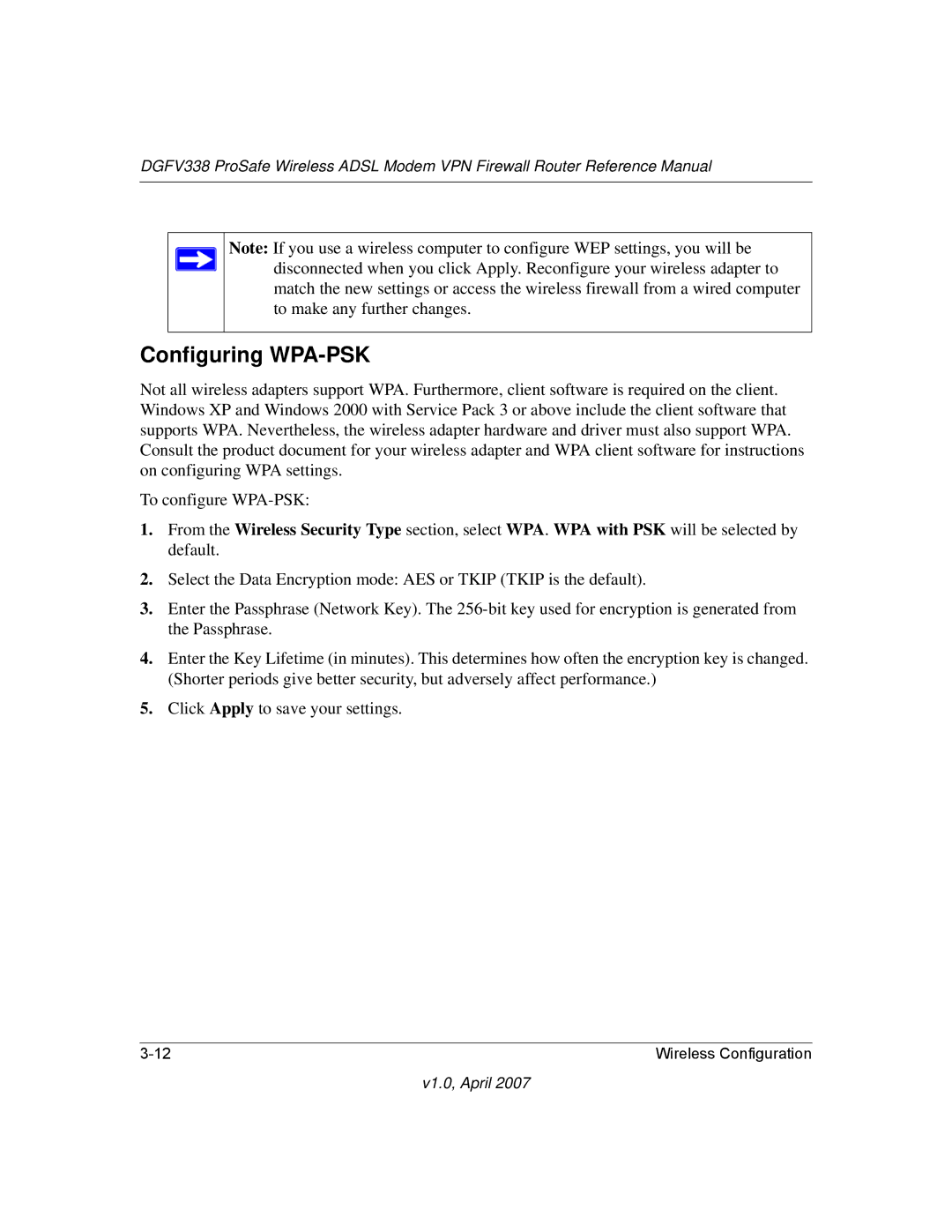 NETGEAR DGFV338 manual Configuring WPA-PSK 