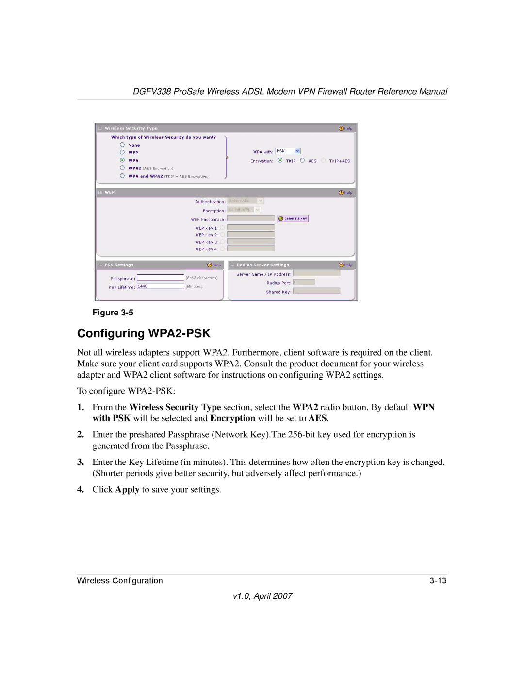 NETGEAR DGFV338 manual Configuring WPA2-PSK 