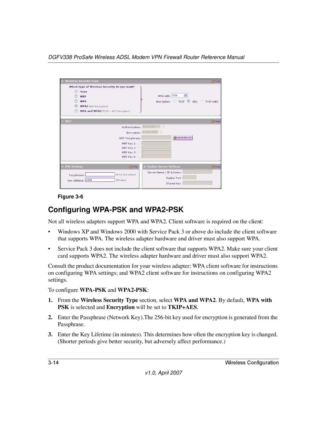 NETGEAR DGFV338 manual Configuring WPA-PSK and WPA2-PSK 